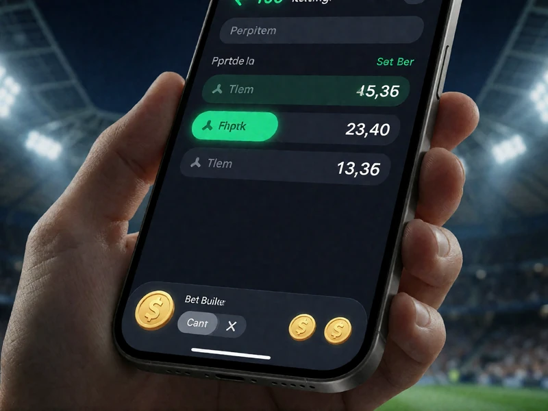 Smartphone mit dunkler Sportwetten-App und Bet-Builder-Wettschein am unteren Bildschirmrand