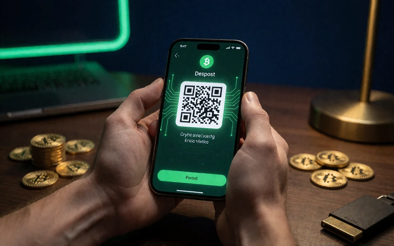 Smartphone mit Krypto-Einzahlungsmaske und QR-Code auf dunklem Tisch - Krypto Einzahlung im Bitcoin Casino