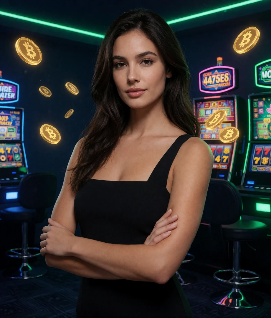 Br&uuml;nette Frau in schwarzem Top im Neon-Ambiente des Jack Krypto Casino mit leuchtenden Slots
