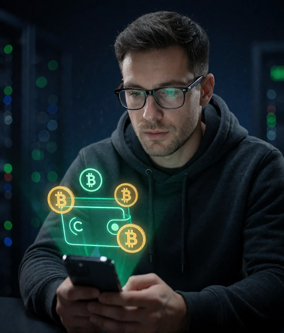 Mann mit Brille und dunklem Hoodie pr&uuml;ft seine Krypto-Wallet am Smartphone - schnelle Krypto Auszahlung im Bitcoin Casino
