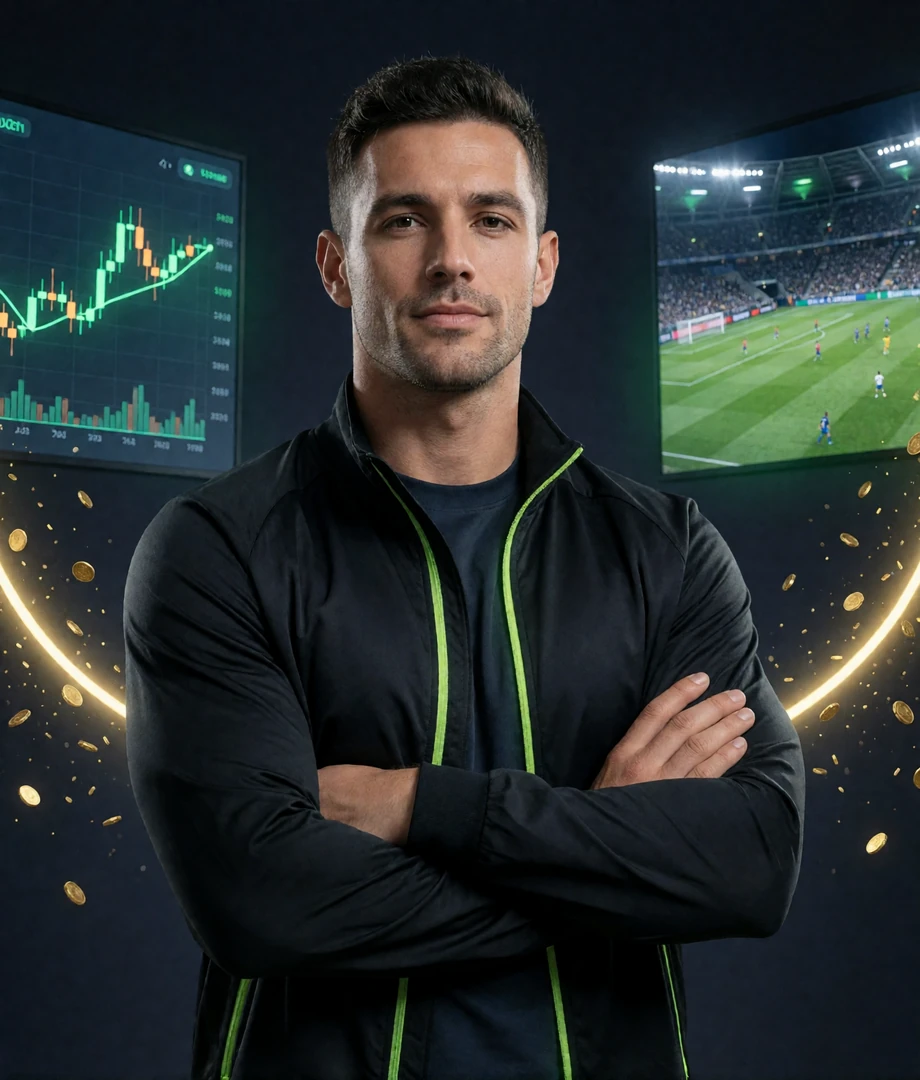Mann in schwarzer Sportjacke im Stadion-VIP-Bereich mit Krypto-Charts und Live-Spiel auf Screens - Krypto Sportwetten bei Jack