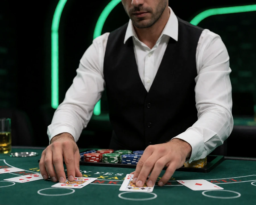 M&auml;nnlicher Live-Casino-Dealer im wei&szlig;en Hemd beim Kartengeben am Blackjack-Tisch im Neon-Studio