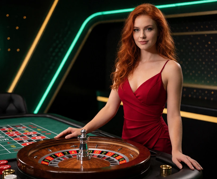 Rothaarige Live-Casino-Dealerin im roten Kleid am Roulette-Tisch im Jack Live Casino Studio
